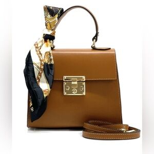 Bella mini tote. Brown leather handbag with Scarf Accent